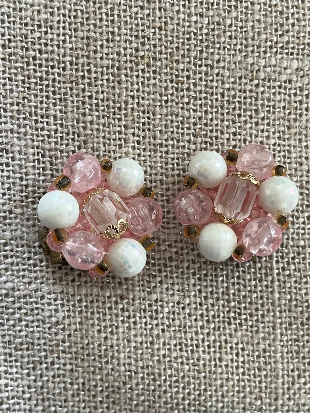 Vintage Pink Beaded Floral Clip-On Earrings